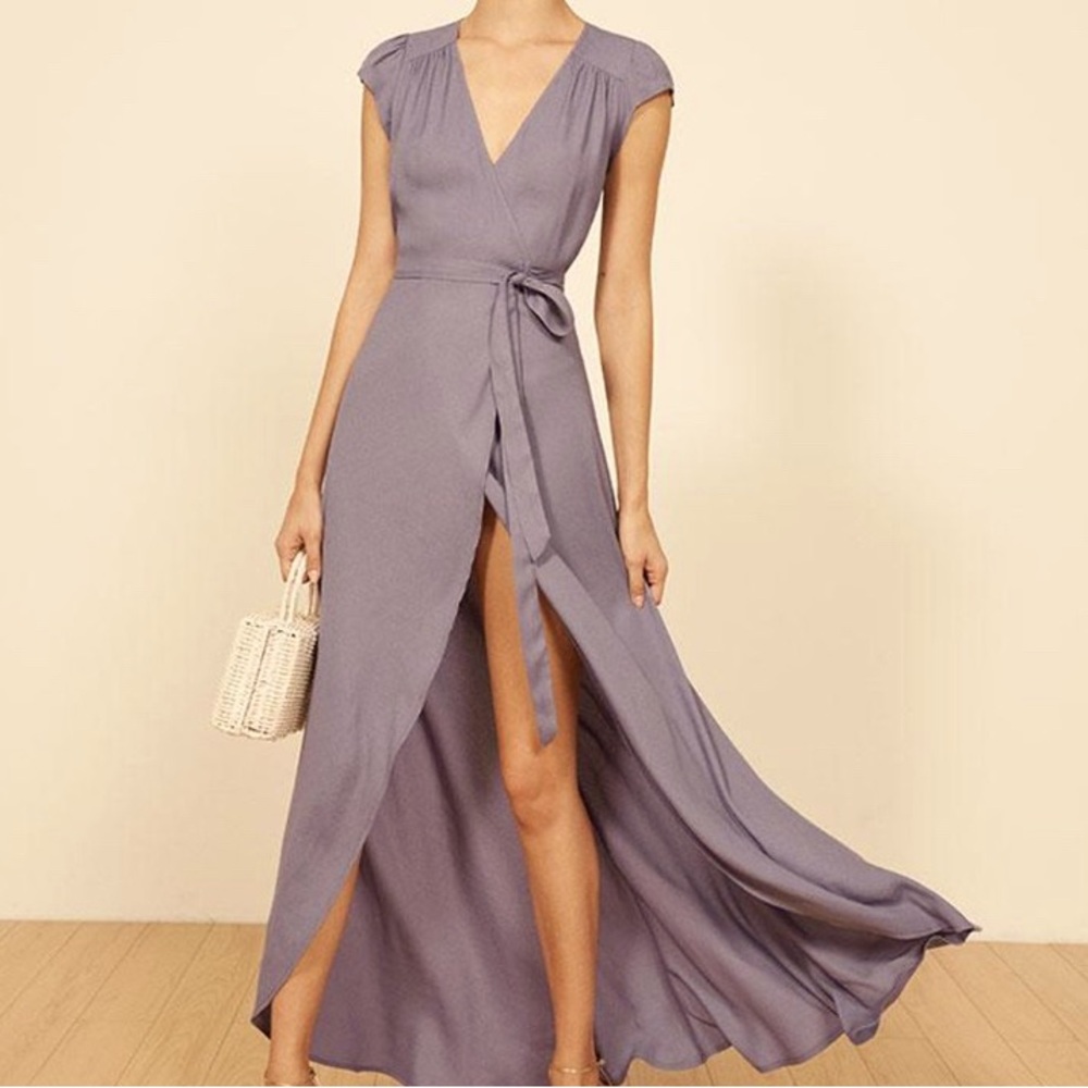 Reformation purple dress bridesmaids guest of wedding